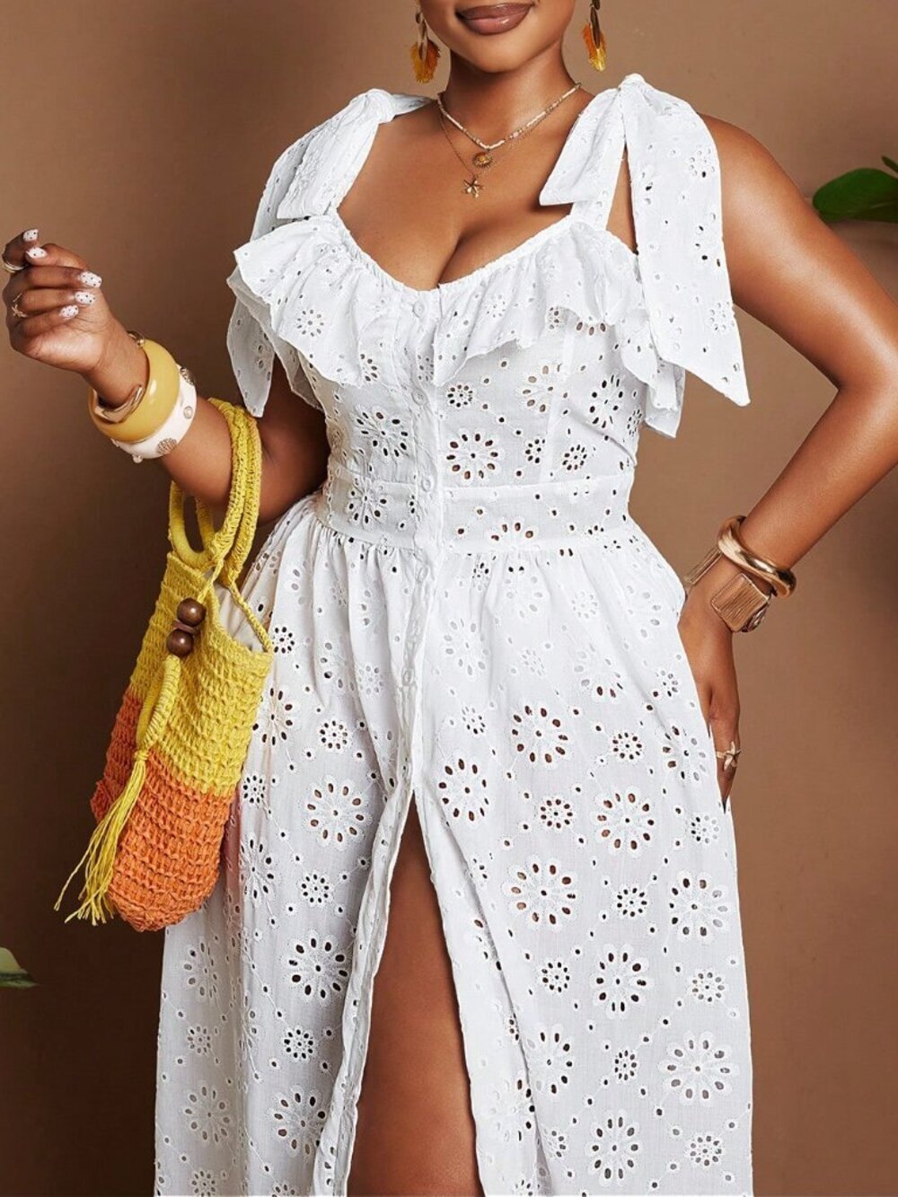 White Boho Elegant Women's Plus Size Woven Embroidered Patchwork Ruffle Dress - Picture 4 of 6